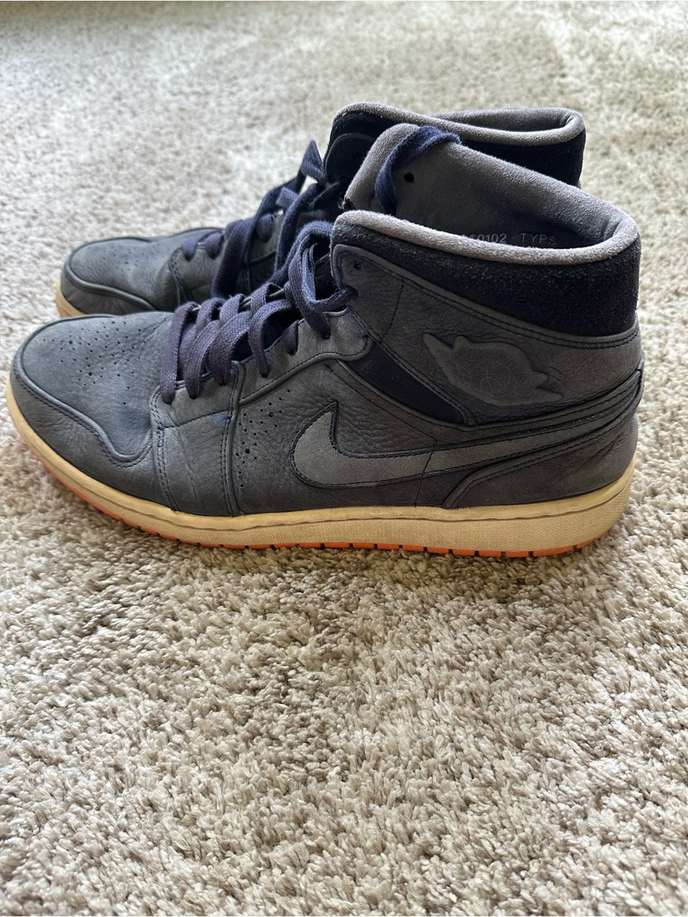 Jordan 1 Mid-Top Sneakers Navy Top Orange Bottoms.  Size 11.5